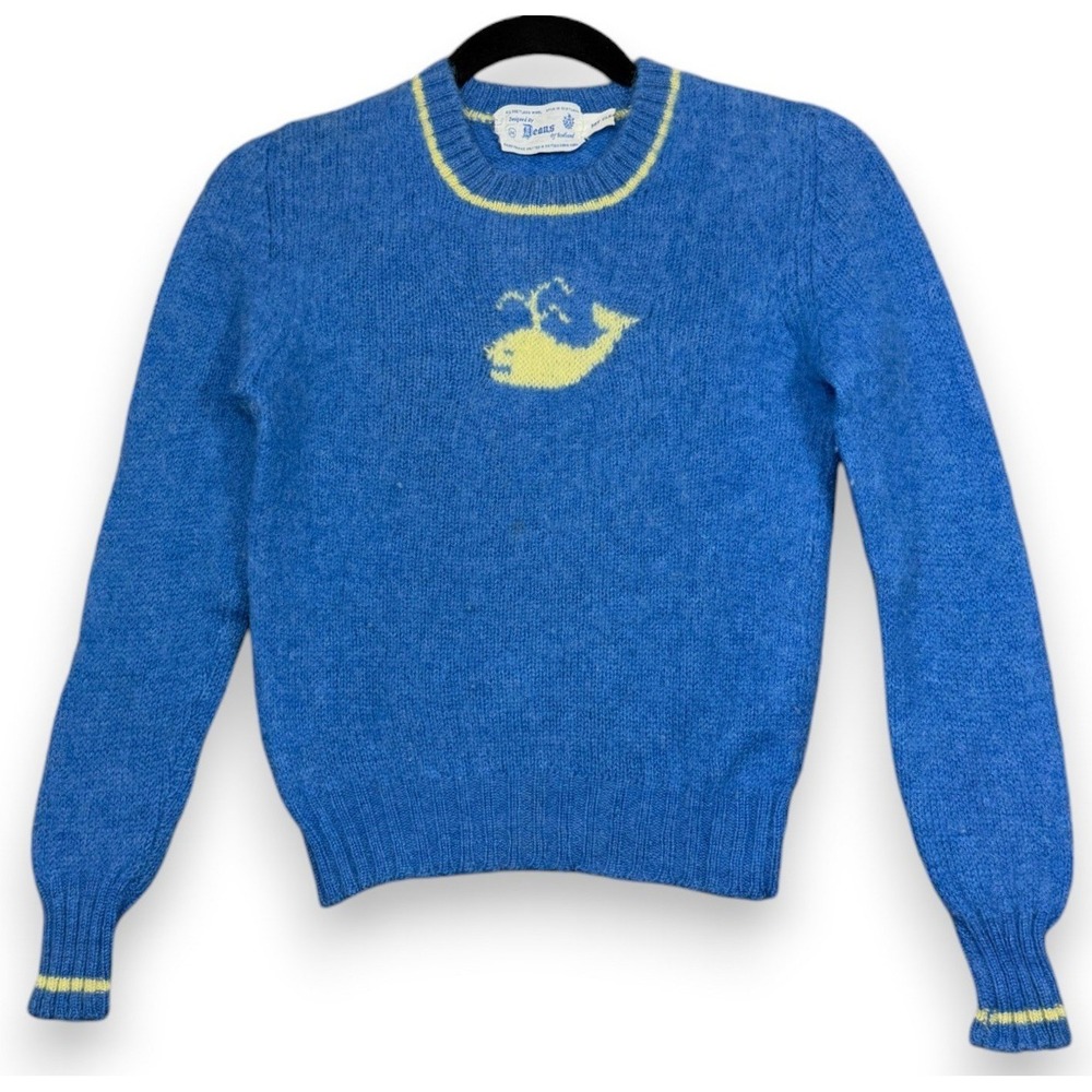 Vintage Deans of Scotland Sweater Womens 34‎ Blue Whale Shetland Wool Preppy 60s